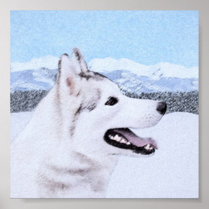 Póster Arte de Cão Siberiana (Prata e Branca)