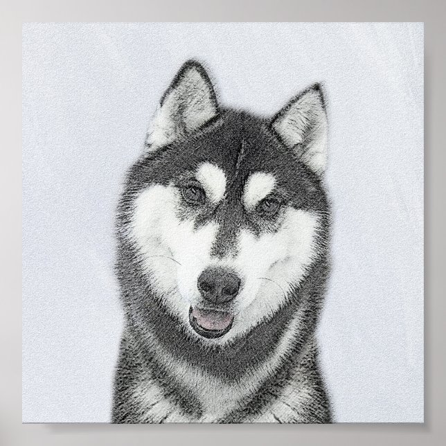 Poster Arte de Cão Siberiana (Preto e Branco) (Frente)
