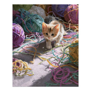 Póster Arte de Caos de Fio Colorido com Gatinho Calico Br