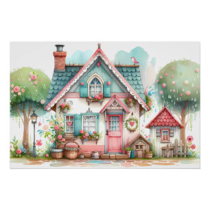 Póster Arte de Casa de Contos de Fadas Pastel Caprichosa
