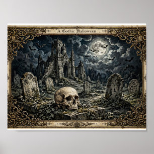 Poster Arte de caveira de cemitério gótico ao luar na imp