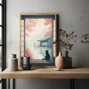 Poster Arte de Cena Zen de Outono Japonês com Gato Preto