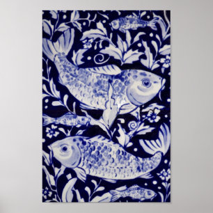Poster Arte de Chinoiserie de Peixes Azuis e Brancos