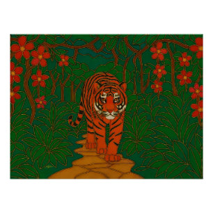 Póster Arte de Cloisonne Tigre no Caminho da Selva