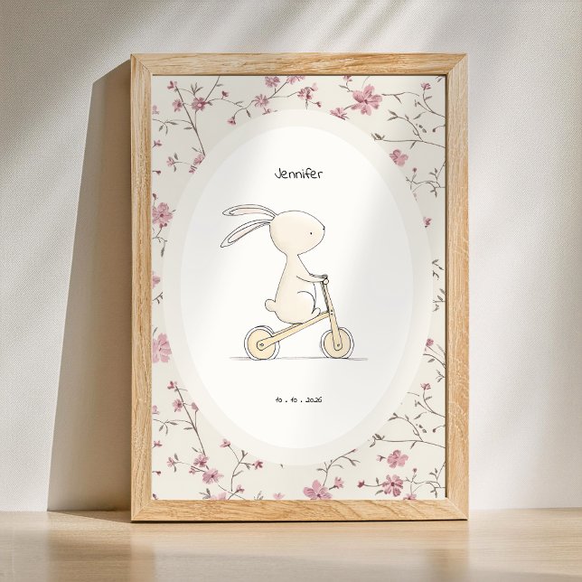 Poster Arte de Coelho Personalizada – Nome Data Nasciment (Custom Name Birth Date Print - Cute Bunny Nursery Poster)