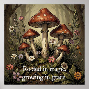 Poster Arte de Cogumelos Vermelhos Vintage e Flores Silve