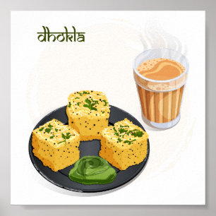 Poster Arte de Comida Indiana Gujarati Dhokla & Hot Masal