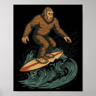 Poster Arte de criptídeo de praia retrô de Bigfoot surfan