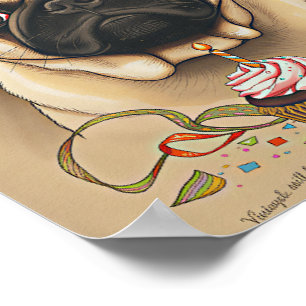 Poster Arte de Cupcake de Aniversário de Pug Fofo