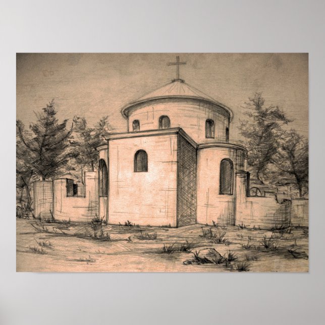 Póster Arte de Desenho da Igreja Ortodoxa Antiga Arquitet (Frente)