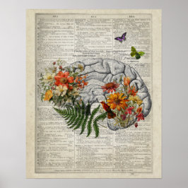 Poster Arte de dicionário de anatomia cerebral com flores