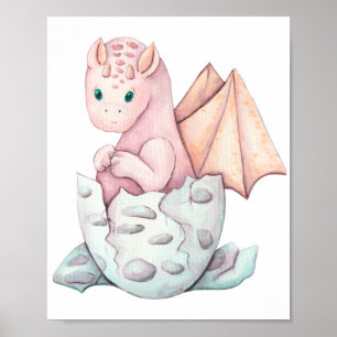 Poster Arte de Dragão Bebê Rosa Fofo Eclodindo
