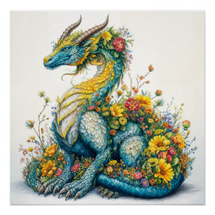 Póster Arte de Dragão Floral Caprichosa