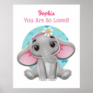 Poster Arte de Elefante Bebê Fofo, Nome da Criança e Mens