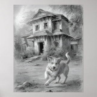 Poster Arte de esboço de Cachorro Feliz