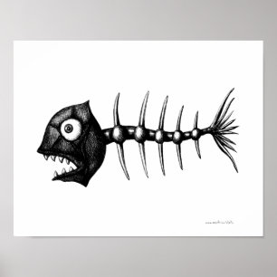Poster Arte de esqueleto do desenho da tinta dos peixes