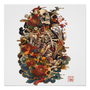 Póster Arte de Esqueleto Japonês Caveira Floral Gótica