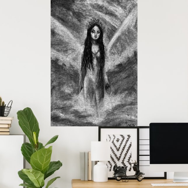 Póster Arte de Fantasia Mulher Fada Anjo Sombrio La Luna (Escritório em casa)