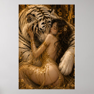 Poster Arte de Fantasia Tentação do Tigre Branco Dourado