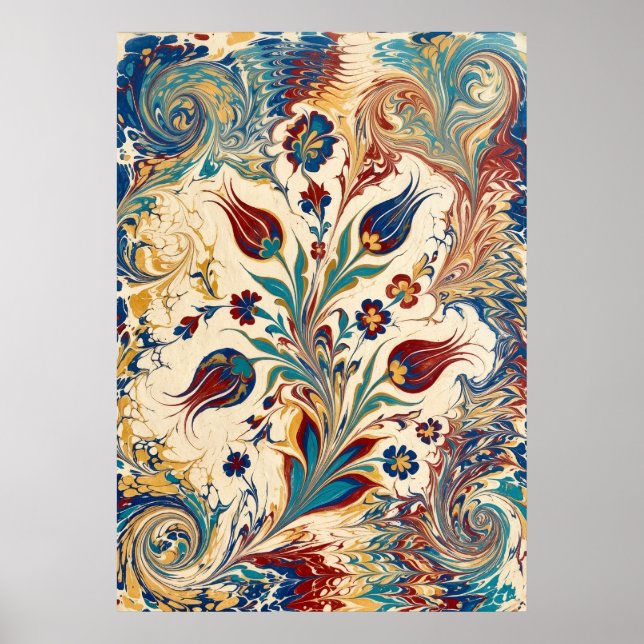 Poster Arte de Floral Giratória Mármore Ebru Turca (Frente)