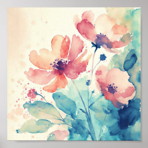 Poster Arte de flores de aquarela rosa e azul
