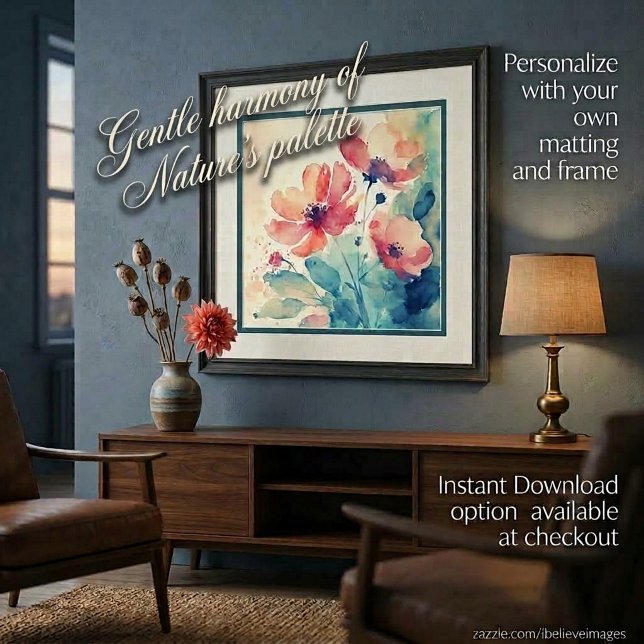 Poster Arte de flores de aquarela rosa e azul (Criador carregado)
