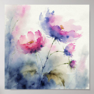 Poster Arte de flores de aquarela roxa e rosa