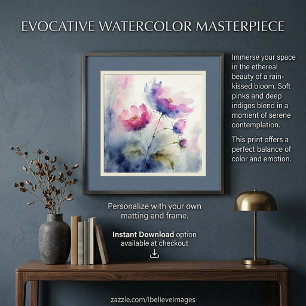 Poster Arte de flores de aquarela roxa e rosa