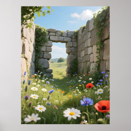 Poster Arte de Flores de Prado em Ruína de Parede de Pedr