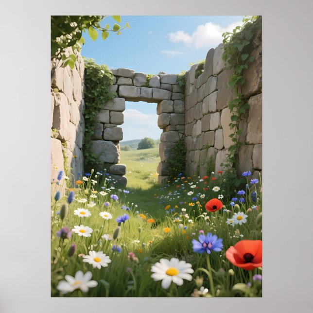 Poster Arte de Flores de Prado em Ruína de Parede de Pedr (Frente)