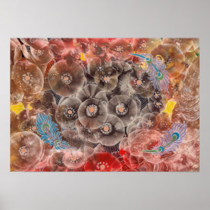 Poster Arte de Flores Pintadas à Mão com Penas de Pavão