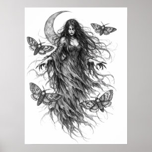 Poster Arte de Folclore Sombrio da Bruxa Noturna Gótica e