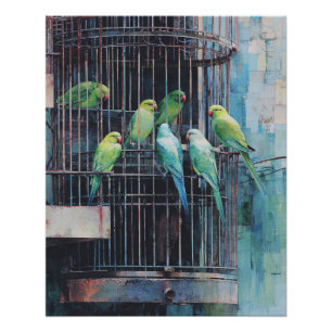 Póster Arte de Gaiola Rústica de Papagaios Verdes Azuis T