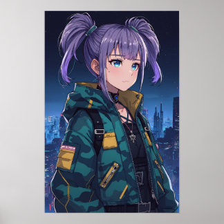 Poster Arte de Garota de Anime Cyberpunk com Tranças e Ja