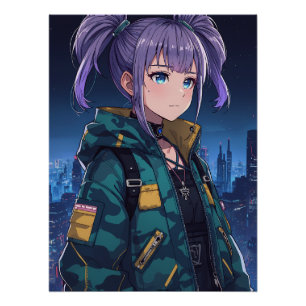 Póster Arte de Garota de Anime Cyberpunk com Tranças e Ja