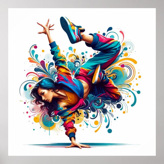 Poster Arte de Garota de Breakdance Colorida (Frente)