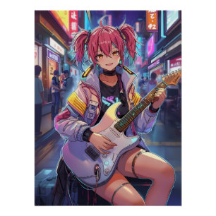 Póster Arte de Garota de Guitarra Anime Cyberpunk