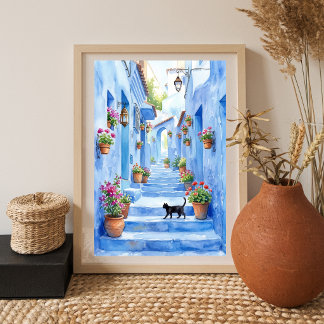 Poster Arte de Gato Aquarela em Beco Azul Mediterrâneo
