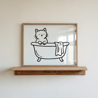 Poster Arte de Gato em Linha Desenhada à Mão na Banheira