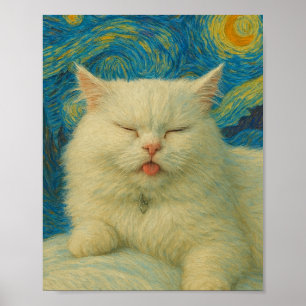 Poster Arte de Gato Inspirada em Van Gogh – Gato Branco s