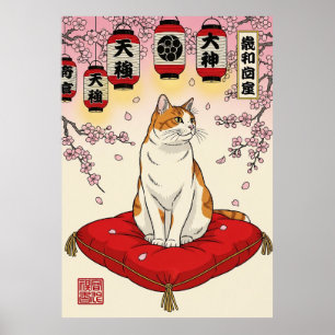 Poster Arte de Gato Japonês Elegante Almofada Vermelha Ce