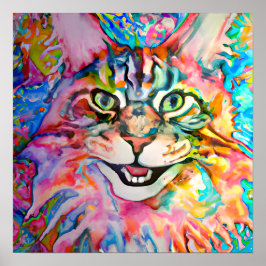 Poster Arte de Gato Louco e Feliz Maine Coon