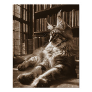 Póster Arte de Gato Maine Coon Sépia Real na Biblioteca