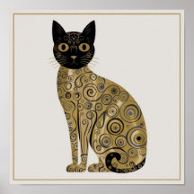 Arte de Gato Preto Decorativo Dourado no Estilo Gu