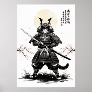 Poster Arte de Gato Samurai com Espada Katana Japonesa