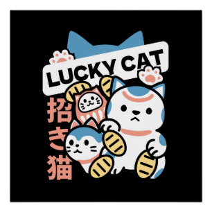 Póster Arte de Gato Sortudo – Maneki Neko com Moeda de Ou