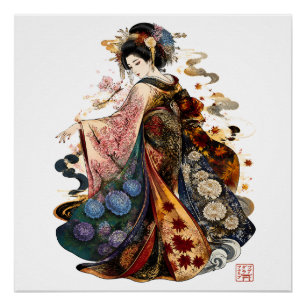 Póster Arte de Geisha Japonesa Quimono e Flores Sazonai