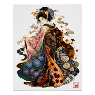 Póster Arte de Geisha Japonesa   Quimono e Flores Sazonai