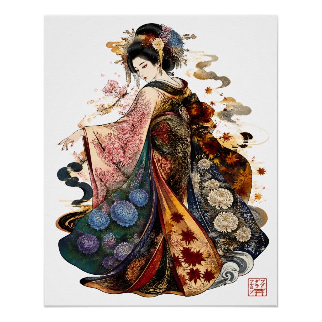 Póster Arte de Geisha Japonesa | Quimono e Flores Sazonai (Frente)