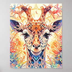 Poster Arte de Girafa Abstrata Floral Colorida